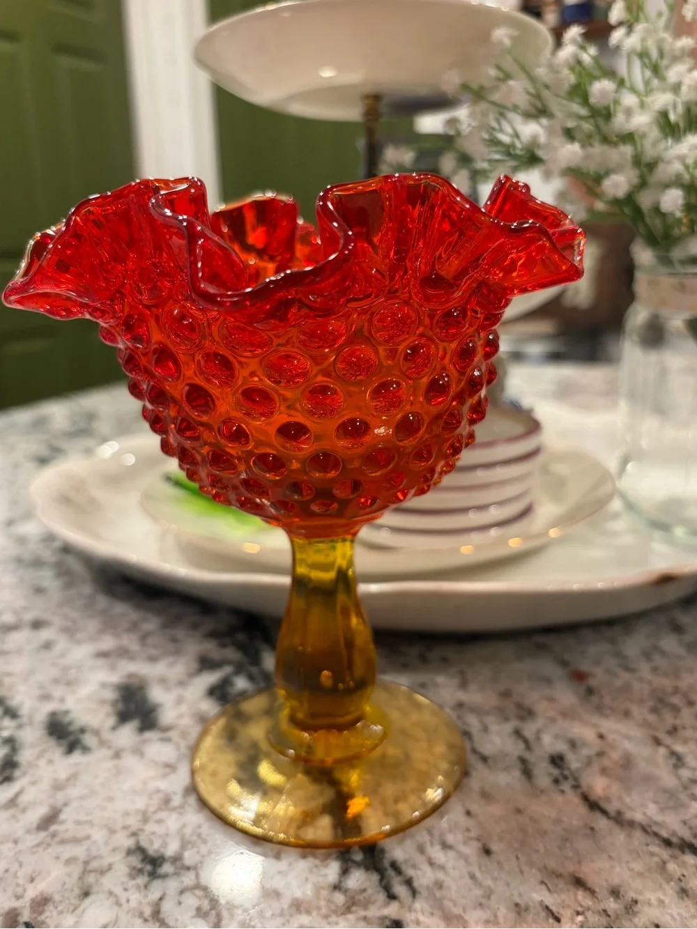 Vintage-Inspired Red Amber Hobnail Glass Compote - Fenton